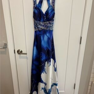 Elegant Blue and White Evening Dress